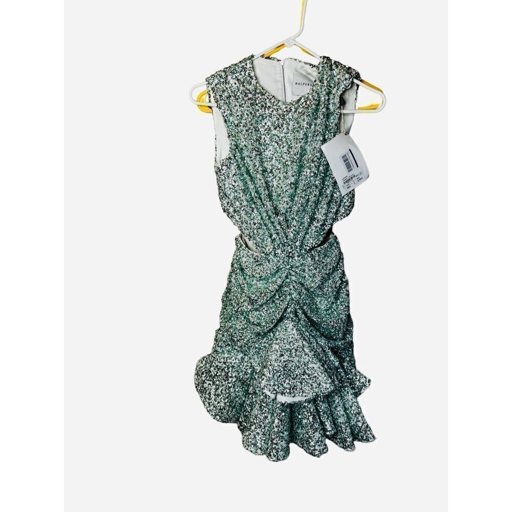 NWT Halpern cupped sequin high collared cut out dress aqua lace size 34/ US 2 - Picture 5 of 14
